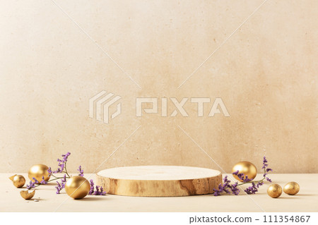 Empty round wooden podium, golden easter eggs with spring flowers on a beige background 111354867