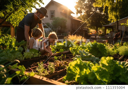 AI-generated content. Sustainable lifestyle concept - family tending to their backyard 111355004