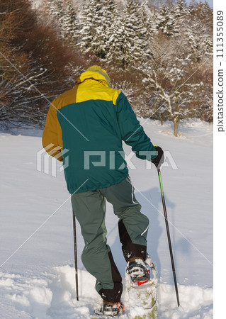 Man turned his back, walking on meadow in winter with trekking poles and snowshoes, sunny morning after snow falling. Man turned his back, walking on meadow in winter with trekking poles and snowshoes, sunny morning after snow falling. 111355089