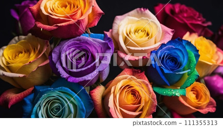 Rainbow smoky flowers on black background. 111355313