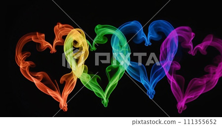 Rainbow smoky hearts on black background. Valentines banner 111355652