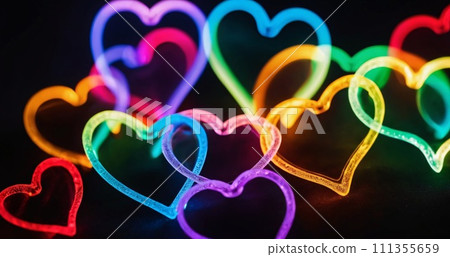 Rainbow smoky hearts on black background. Valentines banner 111355659