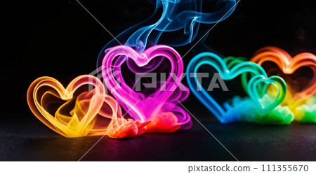 Rainbow smoky hearts on black background. Valentines banner 111355670