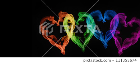 Rainbow smoky hearts on black background. Valentines banner 111355674