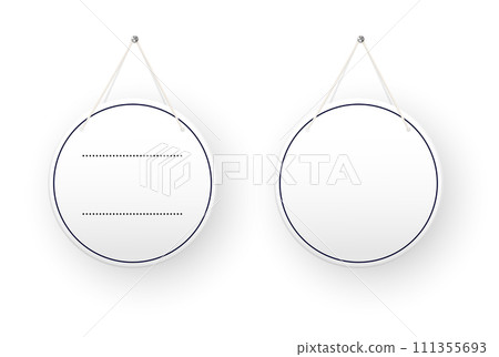 White round shop door signs hanging isolated on transparent background. Empty or blank sign for store, restaurant or cafe. Vector 111355693