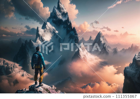 Magical Fantasy Adventre Composite of Man Hiking on top of a Mountain Peak. Colorful Sunset Sky Art 111355867