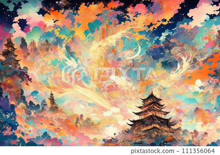 Abstract vivid illustration with imaginative colorful images - japan theme Abstract vivid illustration with imaginative colorful images - japan theme 111356064