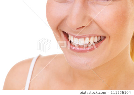 Smile, dental and woman in studio for oral care, hygiene and fresh breath treatment closeup on white background. Teeth whitening, mouth or female model with mockup for cleaning, tooth or gum wellness 111356104