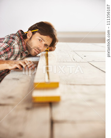 Artisan, planning and indoors in garage, professional and wood from nature, skill. Person, working and builder for job, career and building for maintenance, carpentry and construction worker 111356107