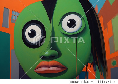 Abstract expressionist creepy cute cartoon unreal face of character monster with a big head and big eye. Abstract expressionist creepy cute cartoon unreal face of character monster with a big head and big eye. 111356118
