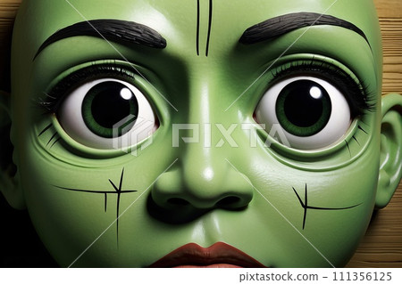 Abstract expressionist creepy cute cartoon unreal face of character monster with a big head and big eye. 111356125
