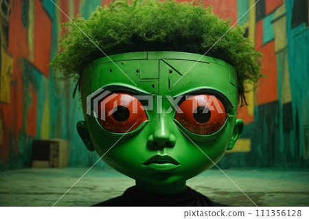 Abstract expressionist creepy cute cartoon unreal face of character monster with a big head and big eye. Abstract expressionist creepy cute cartoon unreal face of character monster with a big head and big eye. 111356128