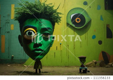 Abstract expressionist creepy cute cartoon unreal face of character monster with a big head and big eye. 111356133