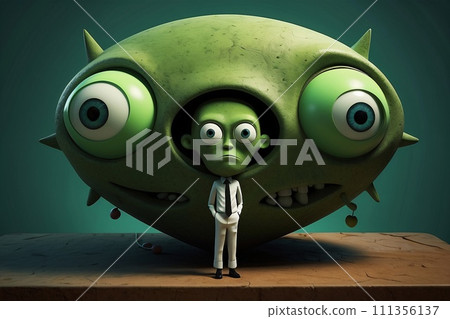 Abstract expressionist creepy cute cartoon unreal face of character monster with a big head and big eye. Abstract expressionist creepy cute cartoon unreal face of character monster with a big head and big eye. 111356137