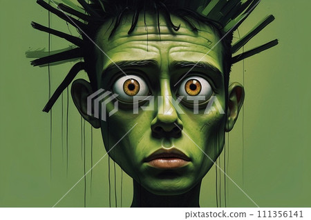 Abstract expressionist creepy cute cartoon unreal face of character monster with a big head and big eye. 111356141