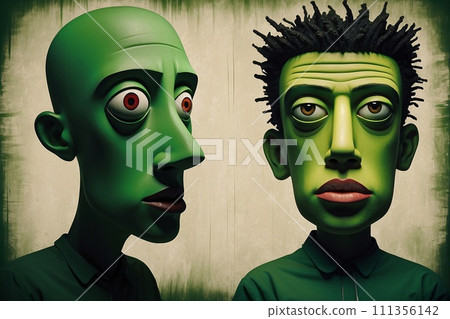 Abstract expressionist creepy cute cartoon unreal face of character monster with a big head and big eye. 111356142
