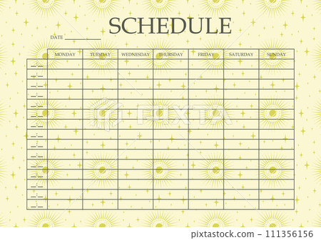 Childish schedule minimalist planner page design. Categories of notes with heavenly elements, saturn planet. 111356156