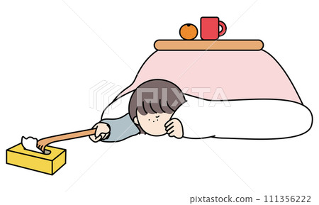 A sluggish girl sitting under a kotatsu pulls a box of tissues with her grandson's hand. A sluggish girl sitting under a kotatsu pulls a box of tissues with her grandson's hand. 111356222
