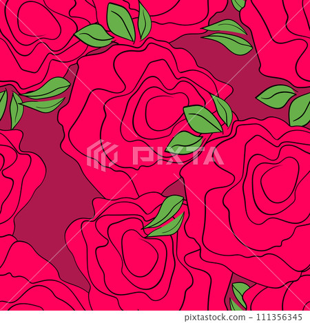 Spring colorful vector illustration with pink roses. Cartoon style. Design for fabric, textile, paper. Holiday print for Easter, Birthday, 8 March. Flowers with leaves 111356345