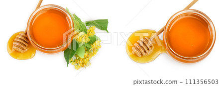 Honey with linden flowers isolated on white background. Honey with linden flowers isolated on white background. 111356503