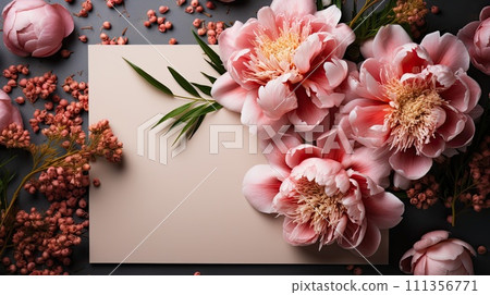 AI-generated content. Mockup of invitation, blank paper greeting card and peonies flowers on a gray stone table 111356771