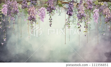 AI-generated content. illustration of hanging garlands of beautiful blossoms, romantic style, purple and green colors on a grunge background 111356851
