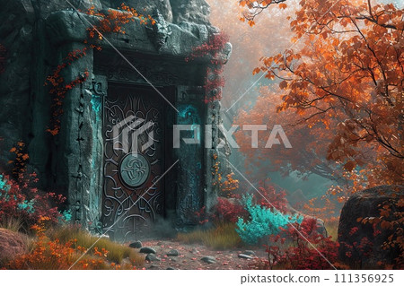 AI-generated content. Stunning portal adorned with Viking rune, forest landscape 111356925