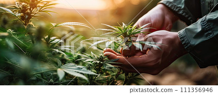 AI-generated content. Wild feral cannabis plant, naturally growing in wild field. AI-generated content. Wild feral cannabis plant, naturally growing in wild field. 111356946