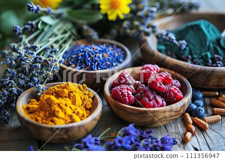 AI-generated content. Holistic medicine concept, healthy food eating, dietary supplements, healing herbs and flowers. AI-generated content. Holistic medicine concept, healthy food eating, dietary supplements, healing herbs and flowers. 111356947