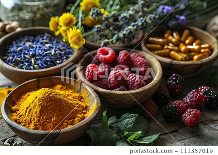 AI-generated content. Holistic medicine concept, healthy food eating, dietary supplements, healing herbs and flowers. AI-generated content. Holistic medicine concept, healthy food eating, dietary supplements, healing herbs and flowers. 111357019