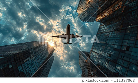 AI-generated content. Plane flying in the sky over tall skyscrapers, view upside down 111357068