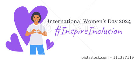 Inspire inclusion campaign pose. International Women's Day 2024 theme banner. Smiling young woman makes heart symbol with her hands to stop discrimination and stereotypes. Gender equal inclusive world Inspire inclusion campaign pose. International Women's Day 2024 theme banner. Smiling young woman makes heart symbol with her hands to stop discrimination and stereotypes. Gender equal inclusive world 111357119