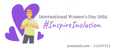 Inspire inclusion campaign pose. International Women's Day 2024 theme banner. Smiling young man makes heart symbol with his hands to stop discrimination and stereotypes. Gender equal inclusive world Inspire inclusion campaign pose. International Women's Day 2024 theme banner. Smiling young man makes heart symbol with his hands to stop discrimination and stereotypes. Gender equal inclusive world 111357121