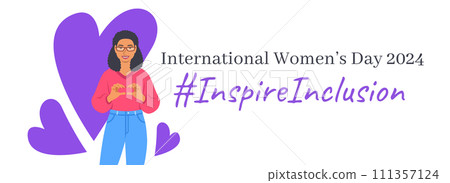 Inspire inclusion campaign pose. International Women's Day 2024 theme banner. Smiling black woman makes heart symbol with her hands to stop discrimination and stereotypes. Gender equal inclusive world Inspire inclusion campaign pose. International Women's Day 2024 theme banner. Smiling black woman makes heart symbol with her hands to stop discrimination and stereotypes. Gender equal inclusive world 111357124