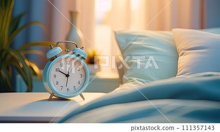 AI-generated content. Bedside clock on bedside table at the morning close up 111357143