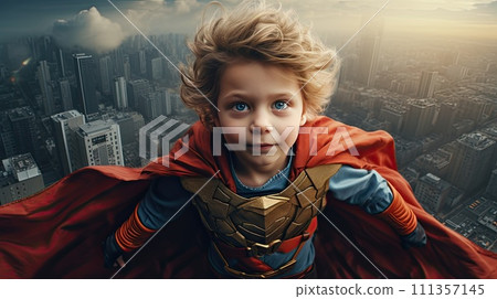 AI-generated content. Boy dressed as a superhero flying over modern city AI-generated content. Boy dressed as a superhero flying over modern city 111357145