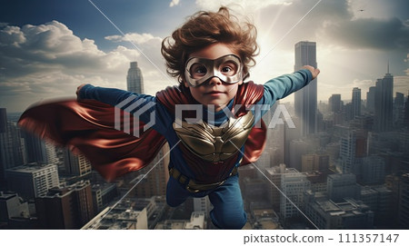 AI-generated content. Boy dressed as a superhero flying over modern city 111357147