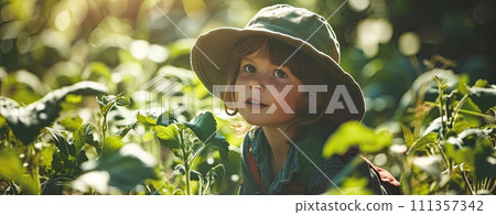AI-generated content. Children and nature, child farming plants and gardening at summer, childhood with healthy vegetables and organic food. 111357342