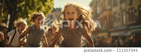 AI-generated content. Children laughing and running in the sun, background - playground in the park 111357343