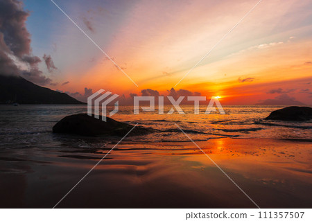 Beau Vallon Beach on the sunset. Seaside landscape 111357507