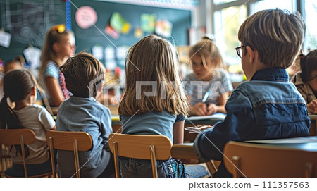 AI-generated content. Back view of school pupils listening to teacher in classroom, AI-generated content. Back view of school pupils listening to teacher in classroom, 111357563