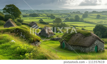 Panoramic view of an ancient Celtic village, traditional stone houses, lush green landscape 111357619