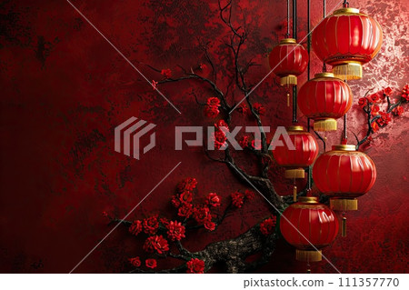 AI-generated content. chinese new year poster blank, dark crimson, festive background with space for text 111357770