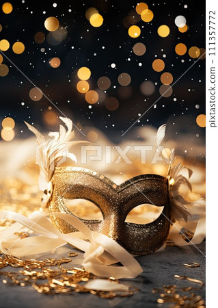 AI-generated content. mardi gras holiday golden mask, bokeh lights background 111357772