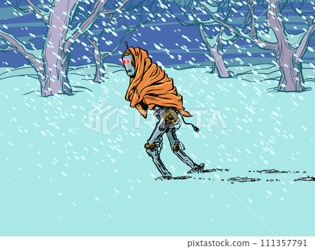 Pop Art Retro A vintage robot walks through the snow in a blanket. A lonely journey through cold obstacles. System software for equipment at a discount in honor of the New Year. Pop Art Retro A vintage robot walks through the snow in a blanket. A lonely journey through cold obstacles. System software for equipment at a discount in honor of the New Year. 111357791