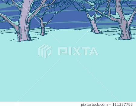 Pop Art Retro Winter forest landscape. Seasonal offers for clients for the New Year. Snowy tourist destinations for vacation. Pop Art Retro Winter forest landscape. Seasonal offers for clients for the New Year. Snowy tourist destinations for vacation. 111357792