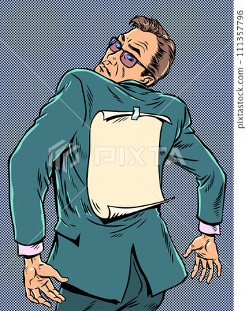 A company employee stigmatized by society. A man in a suit looks at his back where the paper is attached. Labeling each other. Pop Art Retro 111357796