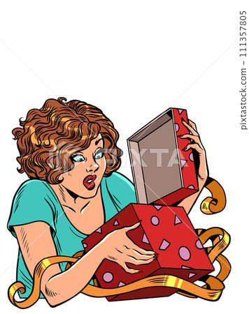 Celebrating important days and events. A woman opens a gift box. A Christmas gift can also be for a birthday. Pop Art Retro Celebrating important days and events. A woman opens a gift box. A Christmas gift can also be for a birthday. Pop Art Retro 111357805