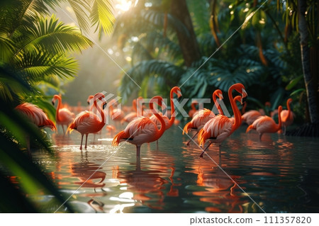 A group of flamingos congregates in a lush, tropical lagoon, a burst of pink against greenery 111357820