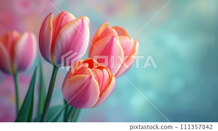 Bold and colorful tulip buds against a bright, spring-themed background exude energy and renewal Bold and colorful tulip buds against a bright, spring-themed background exude energy and renewal 111357842